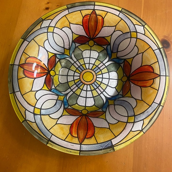 Bird Bath Display Dish Stained Glass Pattern Tiffany Inspired Multi-Color - Picture 5 of 11